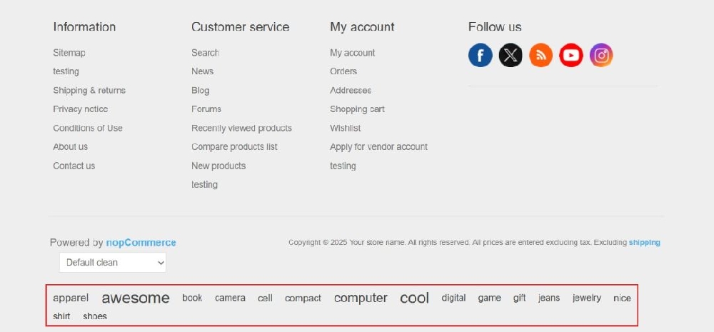 Product tag cloud in the footer on all pages